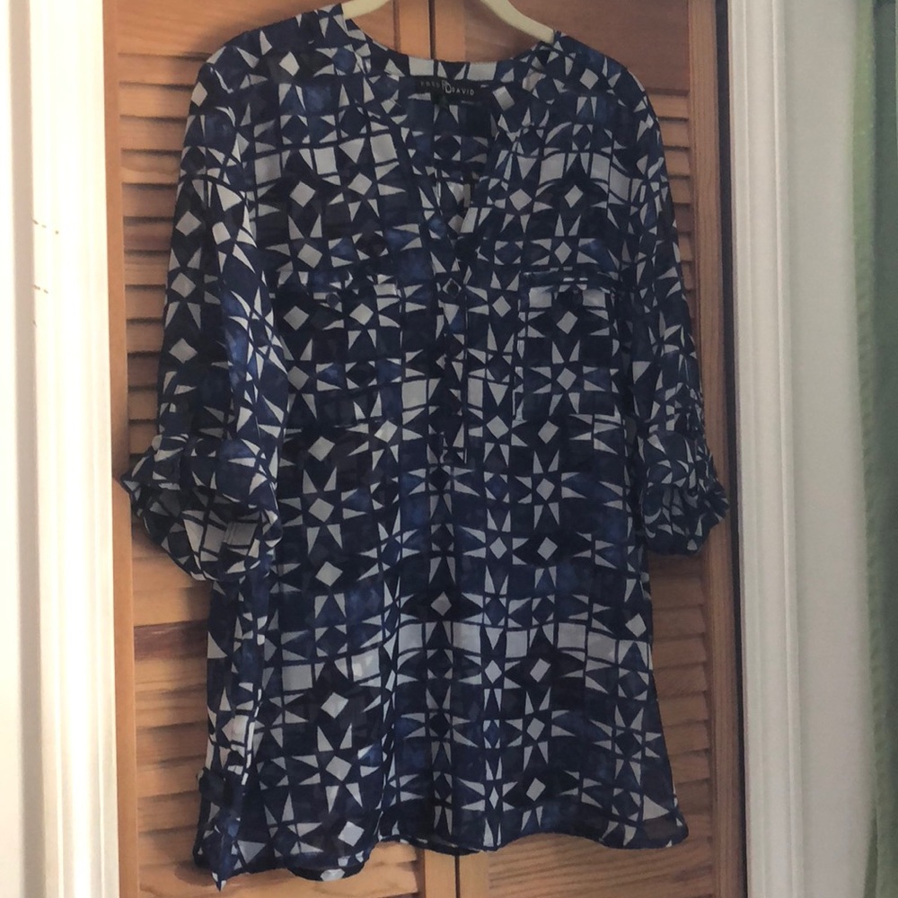 Sheer, blue patterned shirt